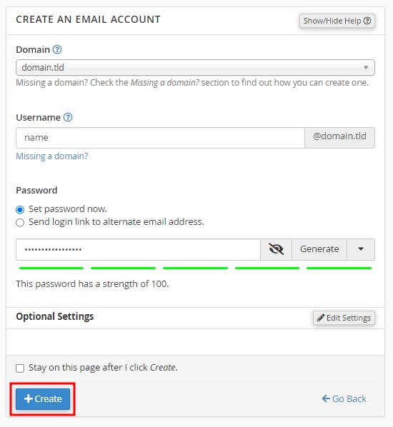 cPanel Create Email Account form with the Create button highlighted