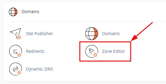cPanel Domains section with Zone Editor highlighted