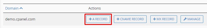 cPanel domain row with A Record button highlighted under Actions
