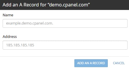 cPanel A record form with Name and Address fields and an Add an A Record button