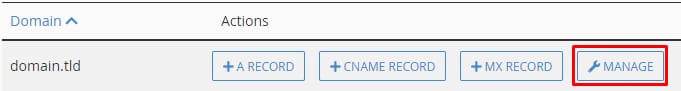 cPanel DNS zone actions with the Manage button highlighted for domain.tld