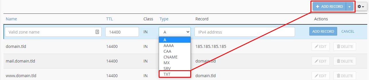 cPanel DNS records page with TXT selected in the Type dropdown and Add Record button highlighted