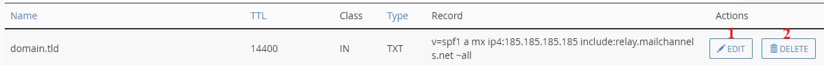 cPanel TXT record list showing domain.tld SPF TXT entry with Edit and Delete actions