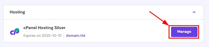 cPanel Hosting Silver plan with the Manage button highlighted