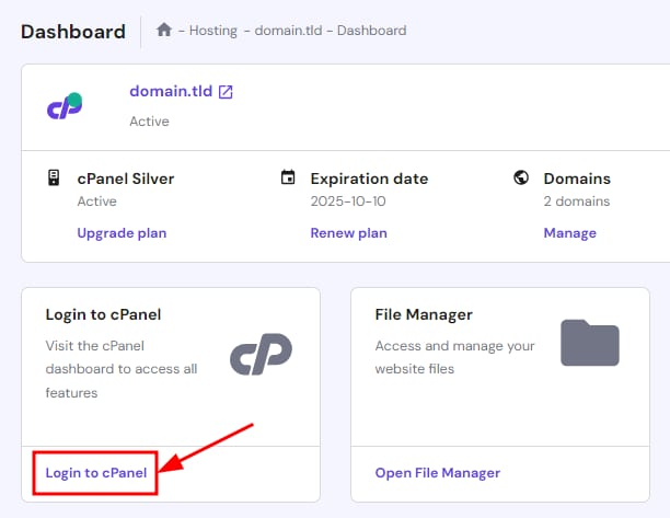 Hostinger dashboard with the Login to cPanel button highlighted