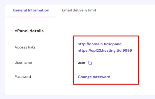 Hostinger hPanel cPanel details showing access links, username, and change password section