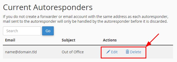 cPanel Current Autoresponders page with Edit and Delete action buttons highlighted