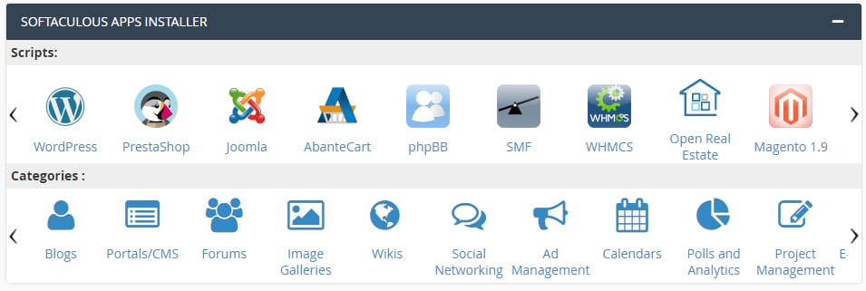 Softaculous Apps Installer in cPanel with scripts and category icons displayed