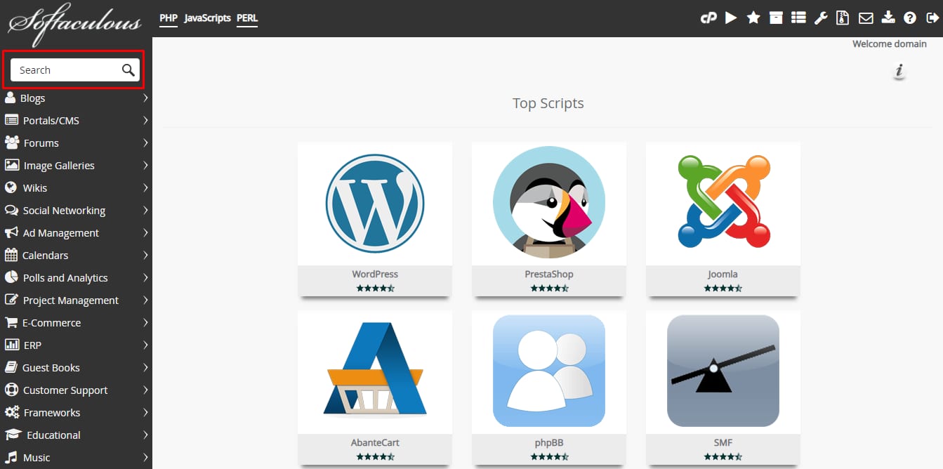 Softaculous cPanel search box highlighted for finding apps to install automatically