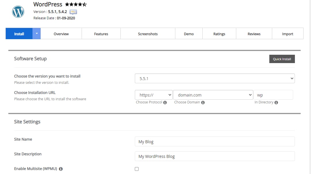 WordPress install tab with Quick Install button and setup fields for version, URL, and site settings