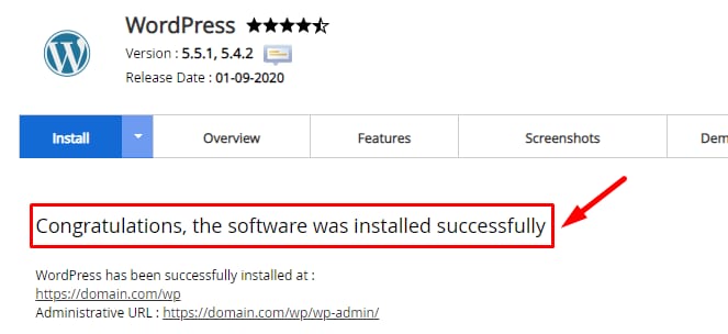 cPanel WordPress installer showing successful installation message
