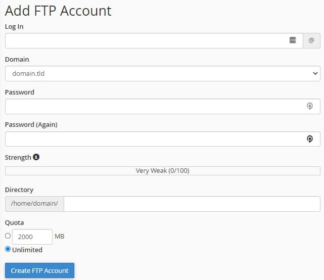 cPanel Add FTP Account form with Unlimited quota selected