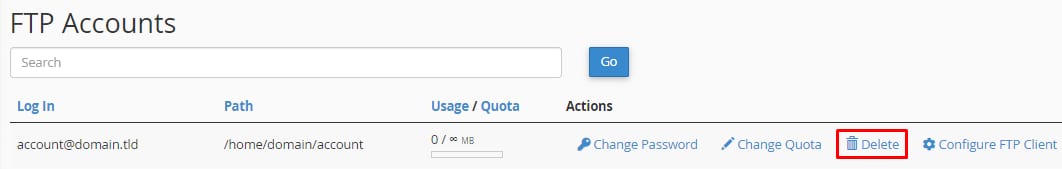 Hostinger cPanel FTP Accounts page with the Delete action highlighted for an FTP account