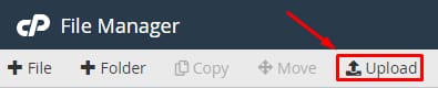cPanel File Manager toolbar with the Upload button highlighted