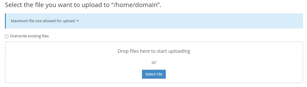 cPanel upload dialog with Select File button highlighted for uploading a backup