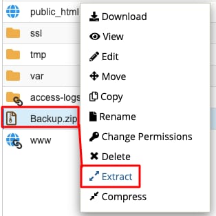 cPanel File Manager showing Backup.zip selected and the Extract option highlighted
