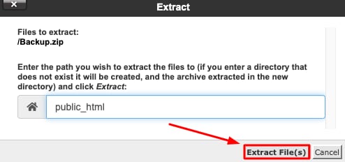cPanel extract dialog with the Extract File(s) button highlighted