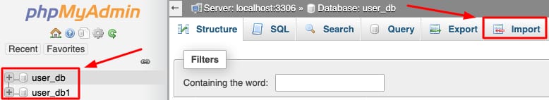 phpMyAdmin sidebar with user_db selected and the Import tab highlighted