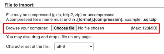 phpMyAdmin import file upload field with Choose file button highlighted