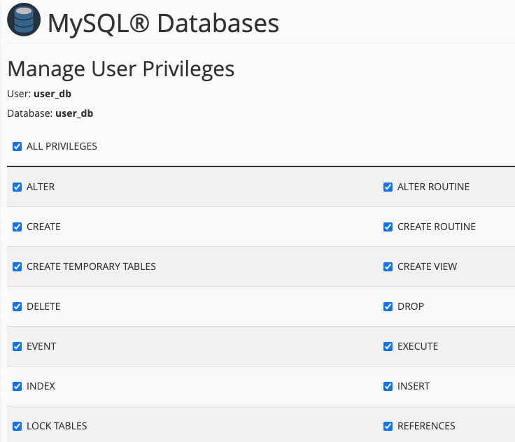 MySQL Databases privileges screen with All Privileges checkbox selected