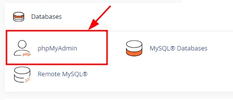cPanel phpMyAdmin icon highlighted in the Databases section