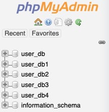 phpMyAdmin sidebar showing databases user_db, user_db1, user_db2, user_db3, user_db4, information_schema