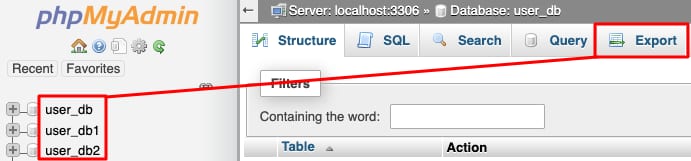 phpMyAdmin database list with user_db selected and Export tab highlighted