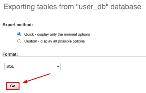 phpMyAdmin export page with SQL format selected and the Go button highlighted