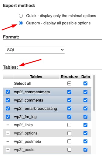 phpMyAdmin export settings with Custom selected and tables list below