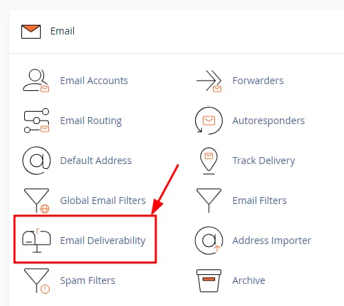 cPanel Email section with Email Deliverability highlighted