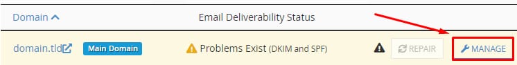 cPanel Email Deliverability status with the Manage button highlighted