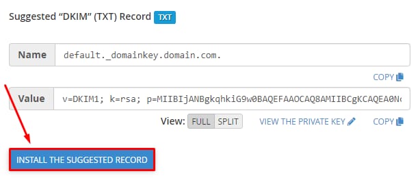 cPanel DKIM page with the Install the Suggested Record button highlighted