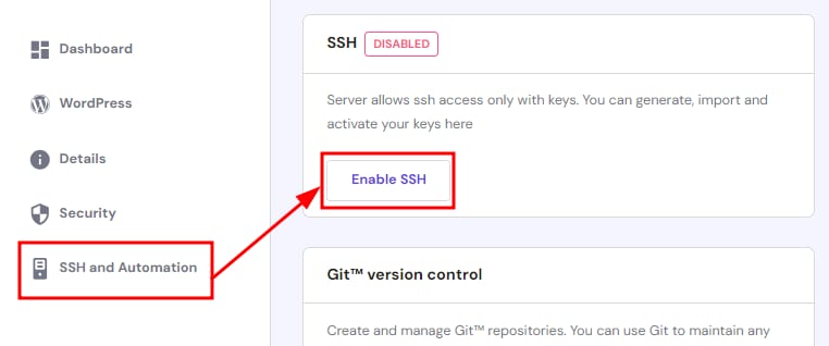 cPanel menu with SSH and Automation selected, showing Enable SSH button and SSH disabled status