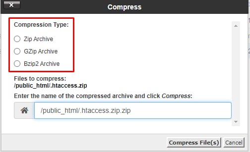 cPanel File Manager compress dialog showing compression type options for a file