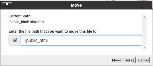 cPanel File Manager move dialog with destination path field set to /public_html
