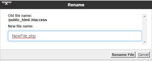 cPanel File Manager rename dialog with the new file name field selected and filled with NewFile.php