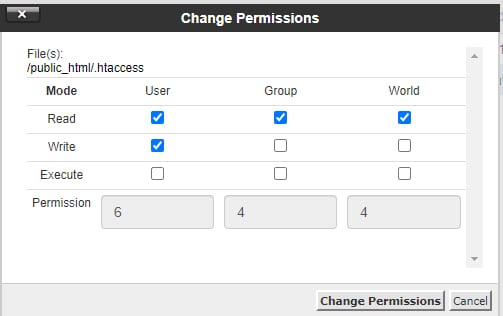 cPanel File Manager permissions dialog for .htaccess with user read and write checked