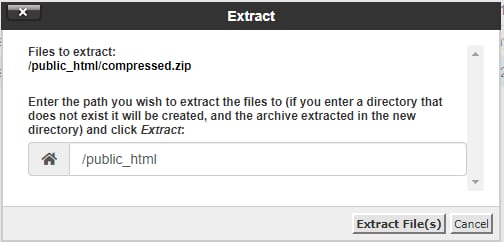 cPanel File Manager extract dialog with the /public_html folder path selected