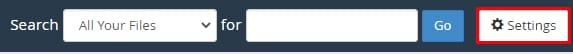 cPanel File Manager toolbar with Settings button highlighted