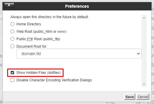 cPanel Preferences popup with Show Hidden Files (dotfiles) checkbox selected
