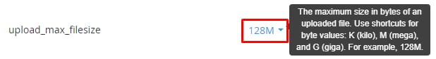 cPanel upload_max_filesize dropdown set to 128M, with help tooltip explaining file size units