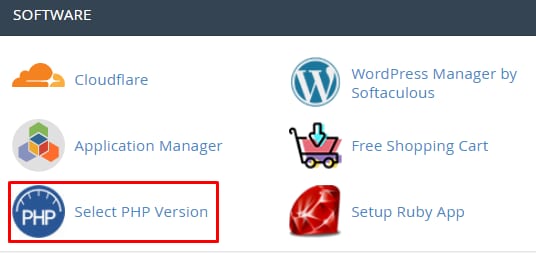 cPanel Software section with Select PHP Version option highlighted