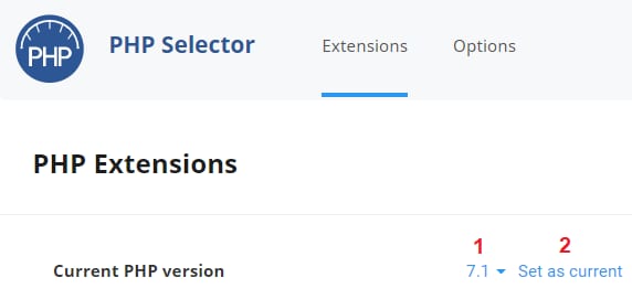 PHP Selector interface showing the current PHP version dropdown and Set as current option