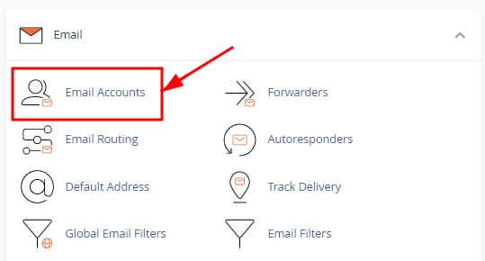 cPanel Email menu with Email Accounts highlighted