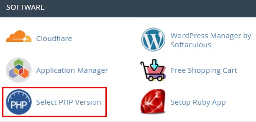 cPanel software menu with Select PHP Version option highlighted