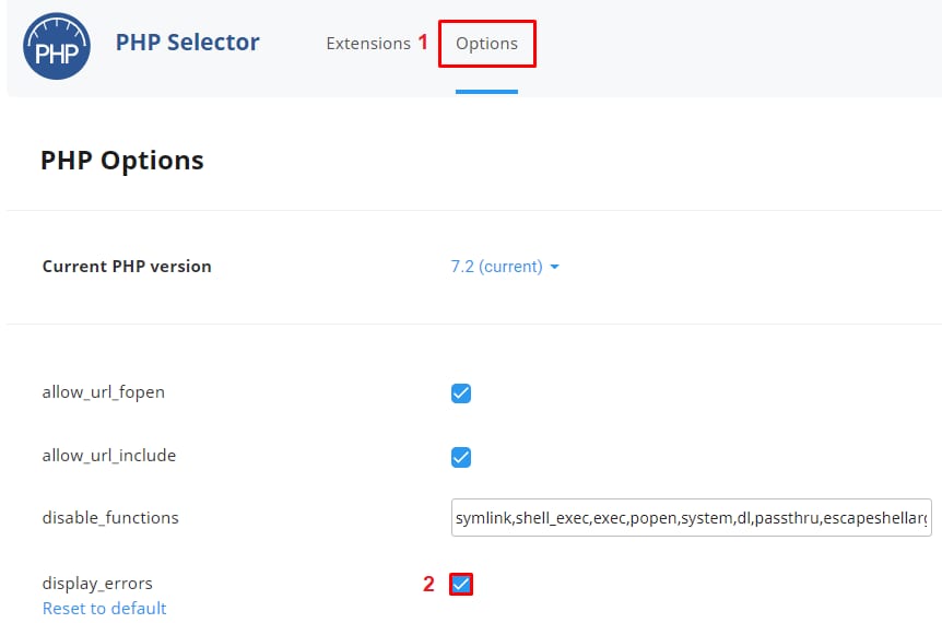PHP Selector Options tab with display_errors setting checked