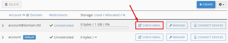 Hostinger cPanel email accounts list with Check Email button highlighted