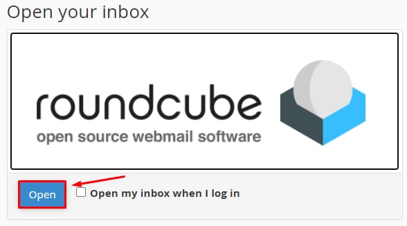 Roundcube webmail open button with "Open my inbox when I log in" checkbox shown