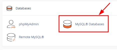 cPanel Databases section with MySQL Databases option highlighted
