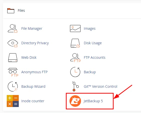 cPanel Files section with JetBackup 5 highlighted
